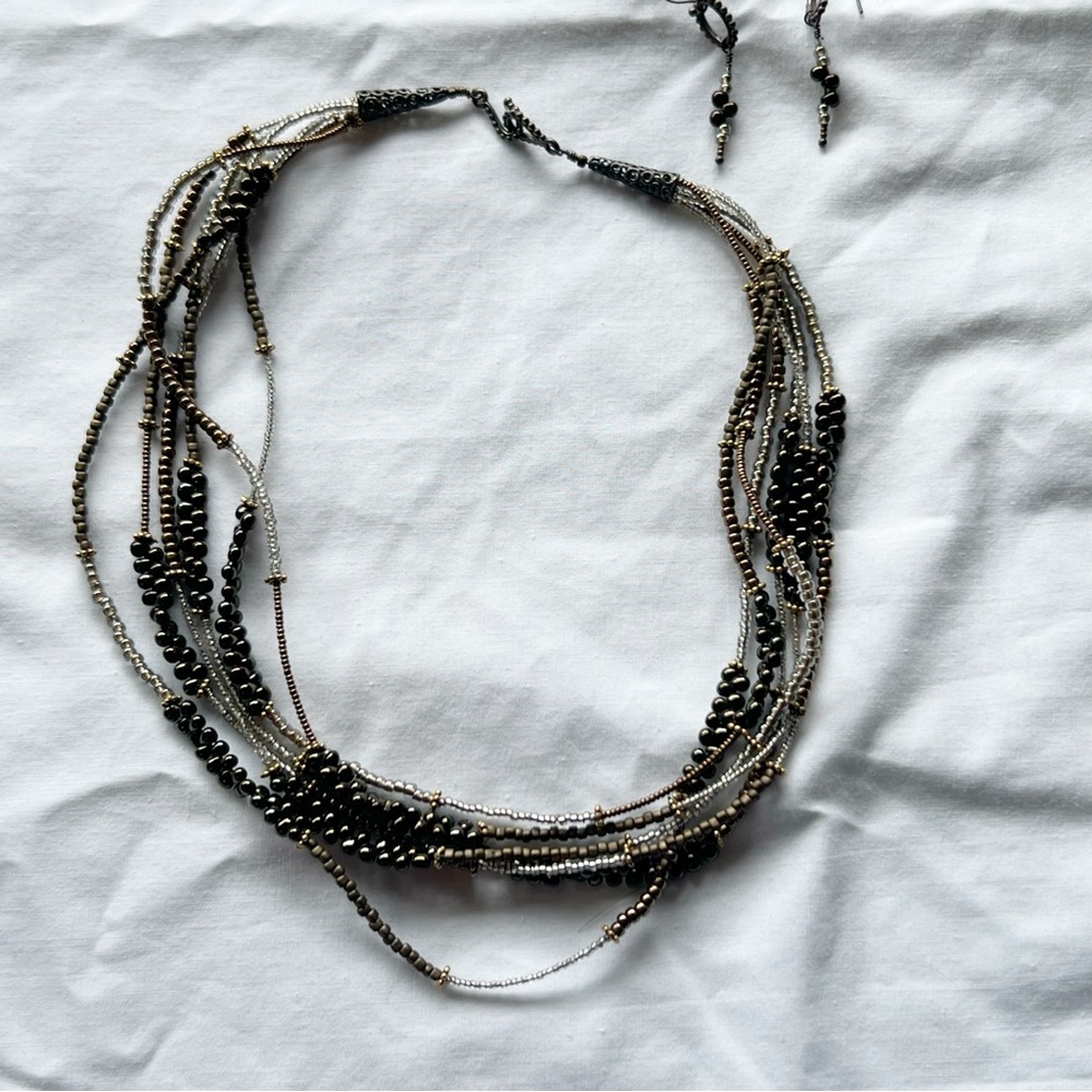 Layered Boho Beaded Necklace with Matching Earrings